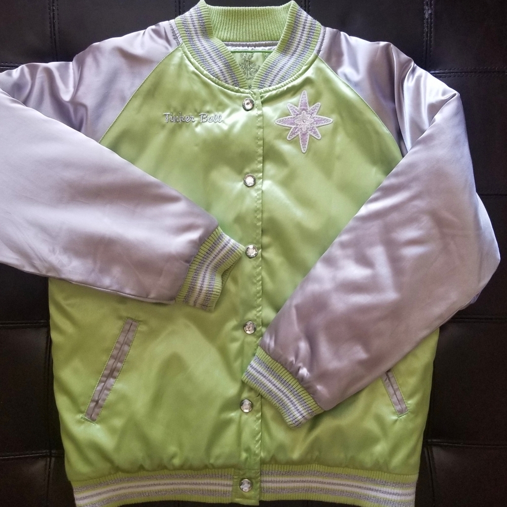 ❗Vintage Disney Tinkerbell Metallic Green Silver Girls Varsity Style Jacket L❗